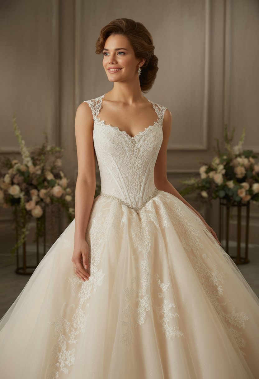 A bride wearing a princess-style wedding dress standing indoors with floral decorations.