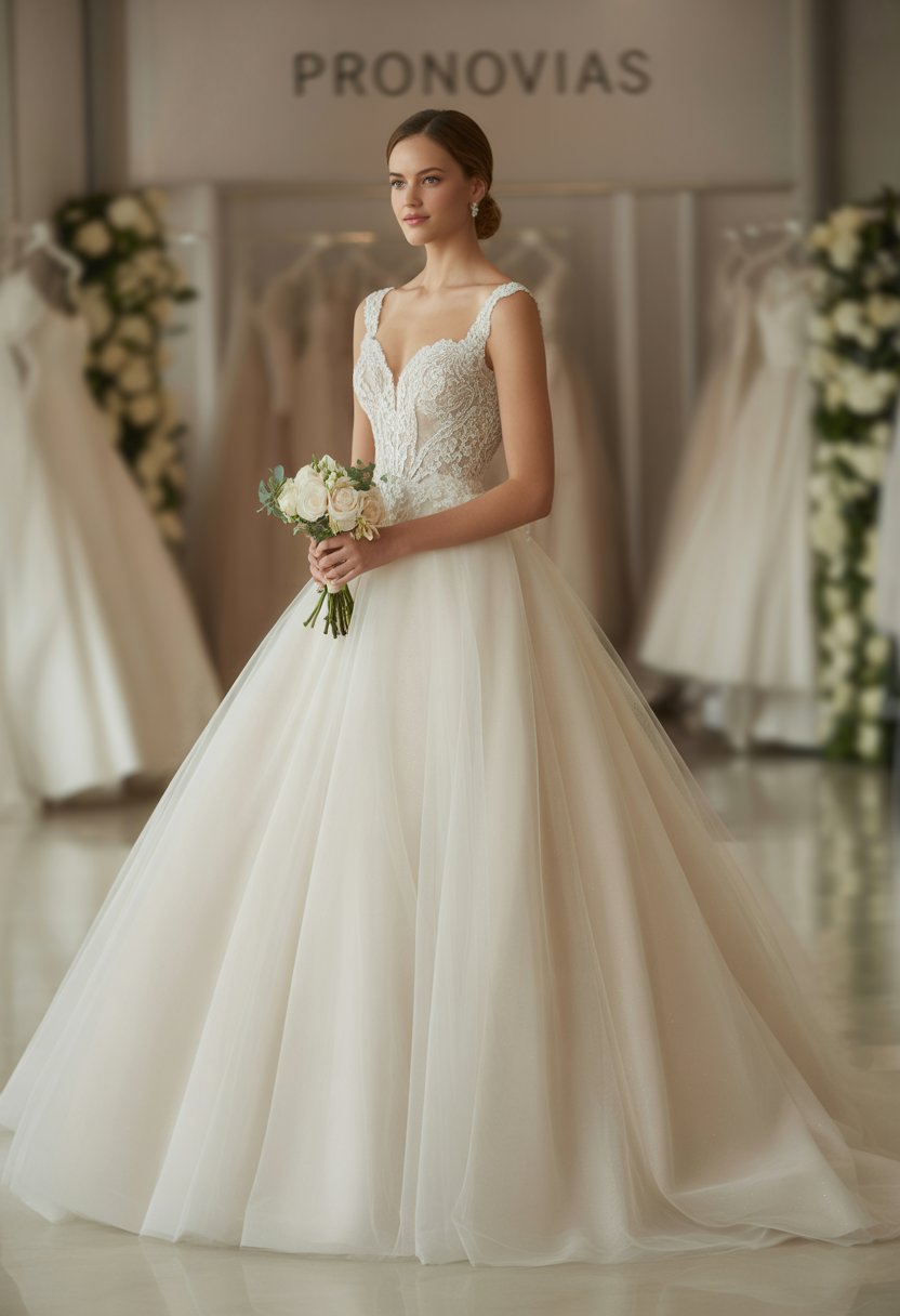 A bride stands indoors wearing a white wedding dress with a full skirt, holding a bouquet of flowers.