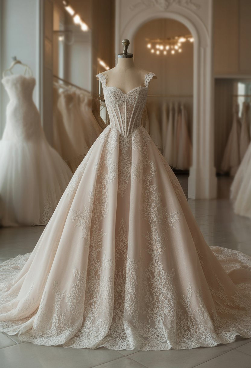 A long princess wedding dress with lace and embroidery displayed on a mannequin in a bridal boutique.
