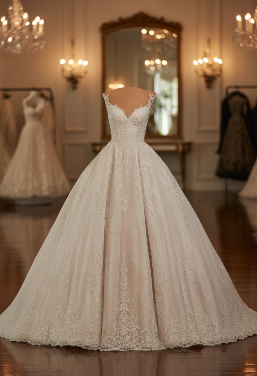 A princess wedding dress with a full skirt and intricate lace details displayed in an elegant bridal boutique.