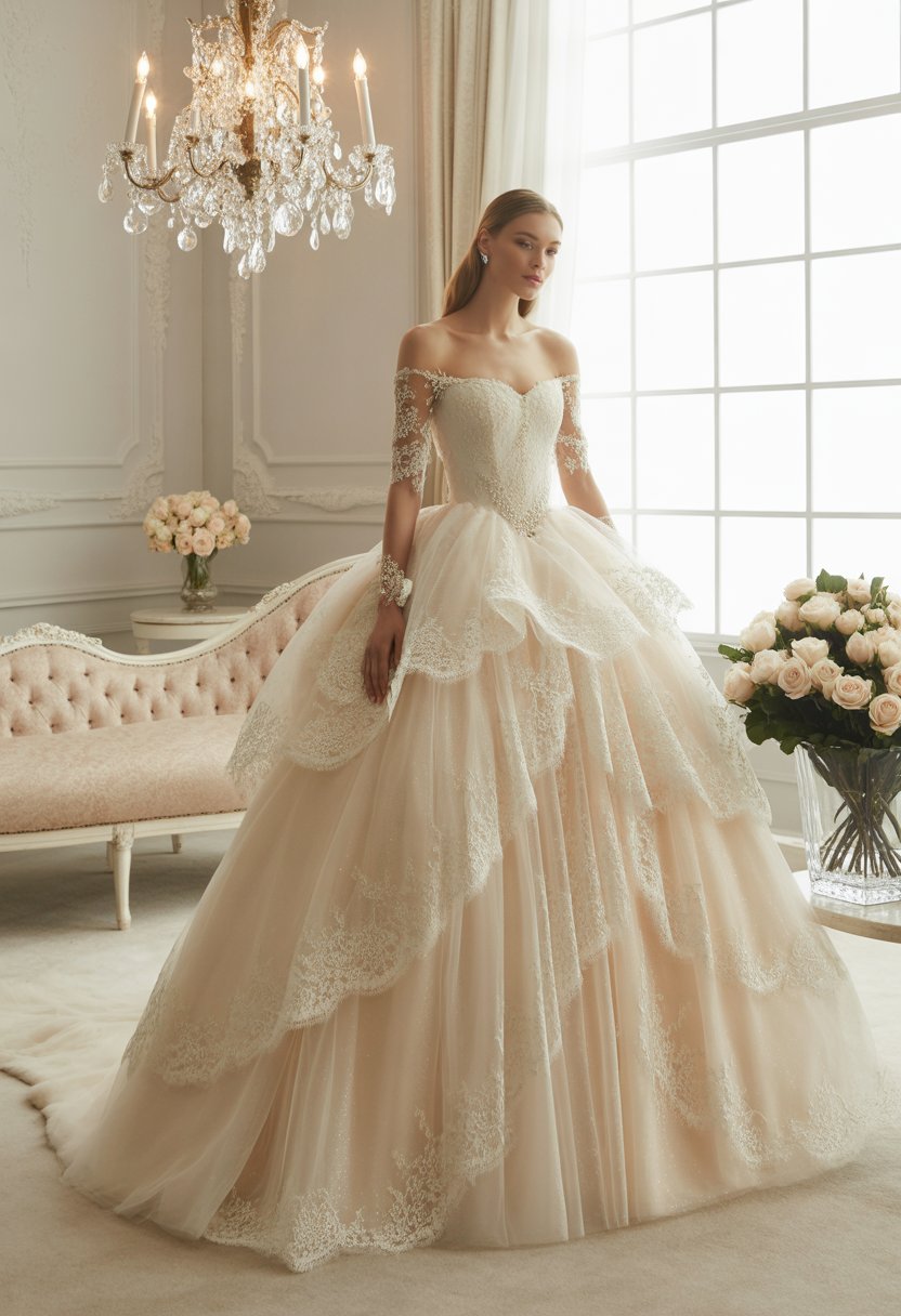 A bride wearing a voluminous princess wedding dress stands in a softly lit elegant room with classic decor and floral arrangements.