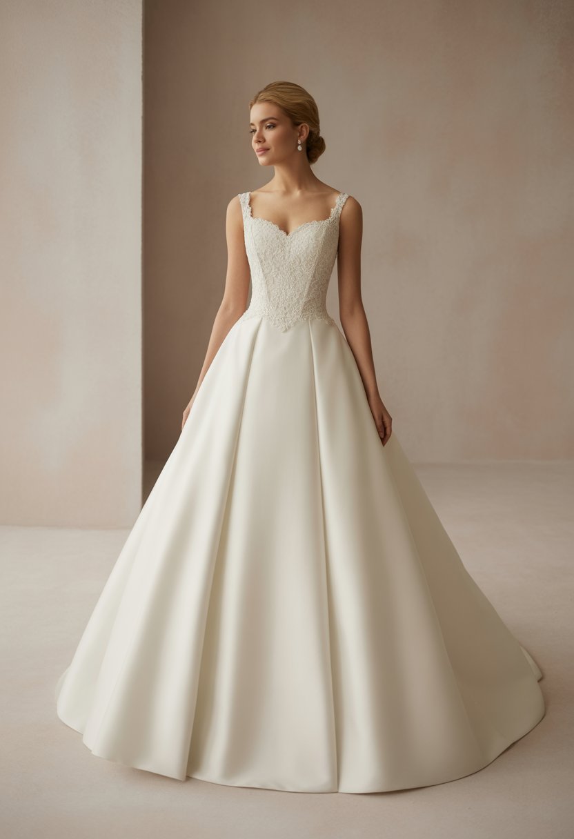 A bride wearing a princess cut wedding dress stands gracefully in a bright studio with a plain background.