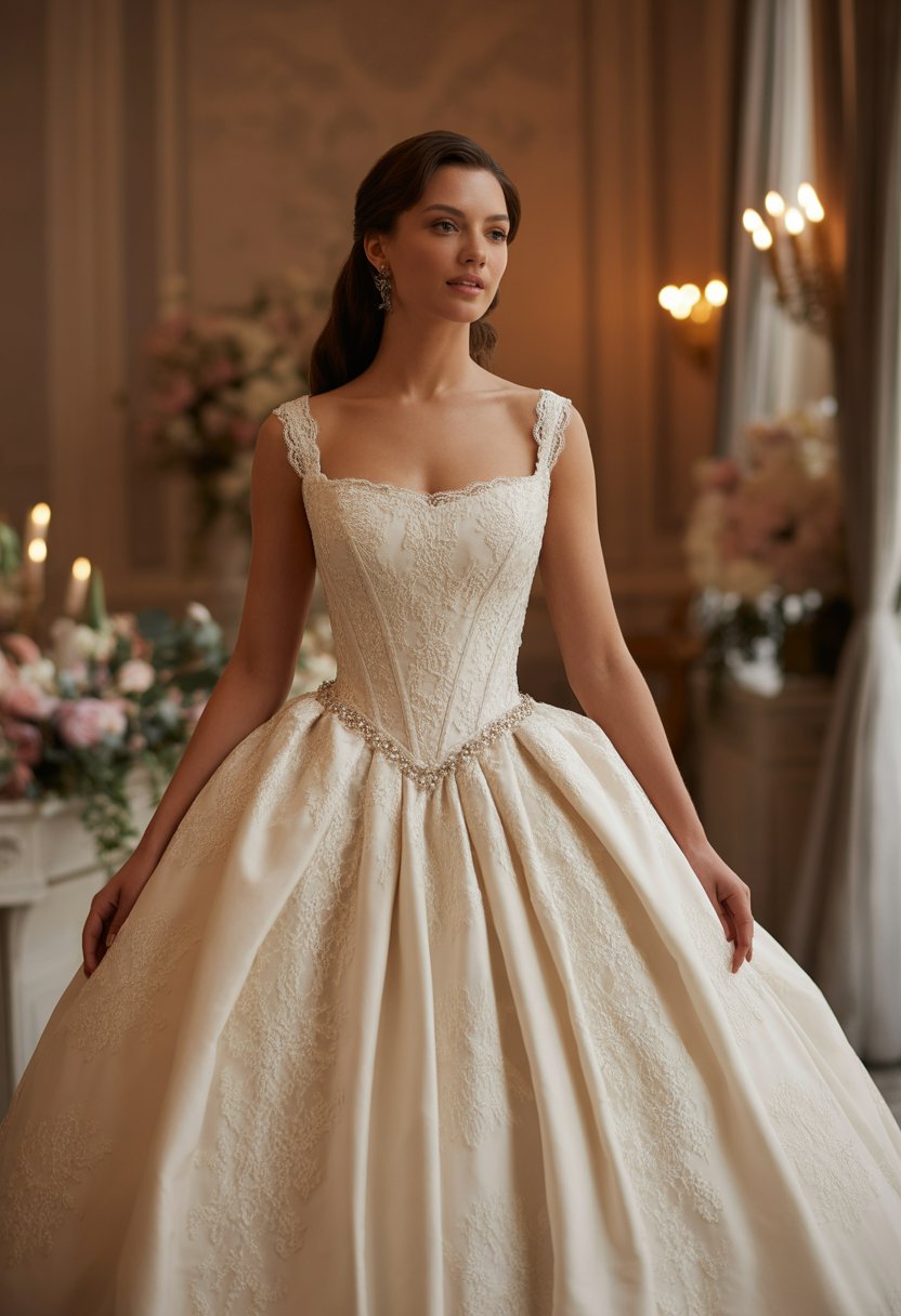 A bride wearing a princess wedding dress with a fitted bodice standing indoors with floral decorations.