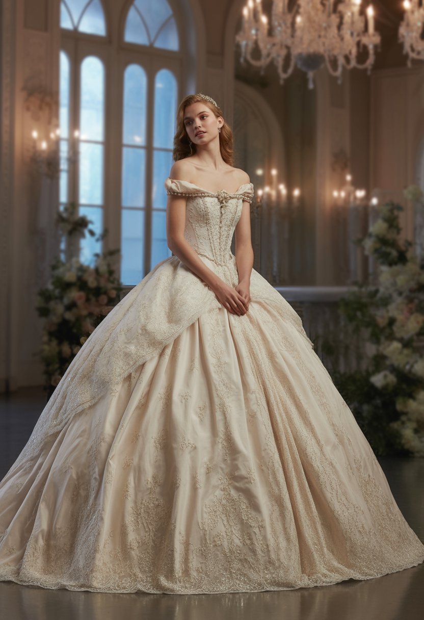 A luxurious princess wedding dress with a full skirt and intricate details displayed in an elegant ballroom with chandeliers and arched windows.