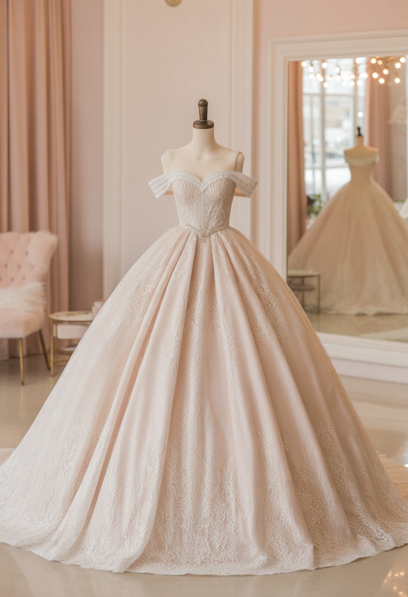 A princess wedding dress with a voluminous skirt and fitted bodice displayed in a bridal boutique.