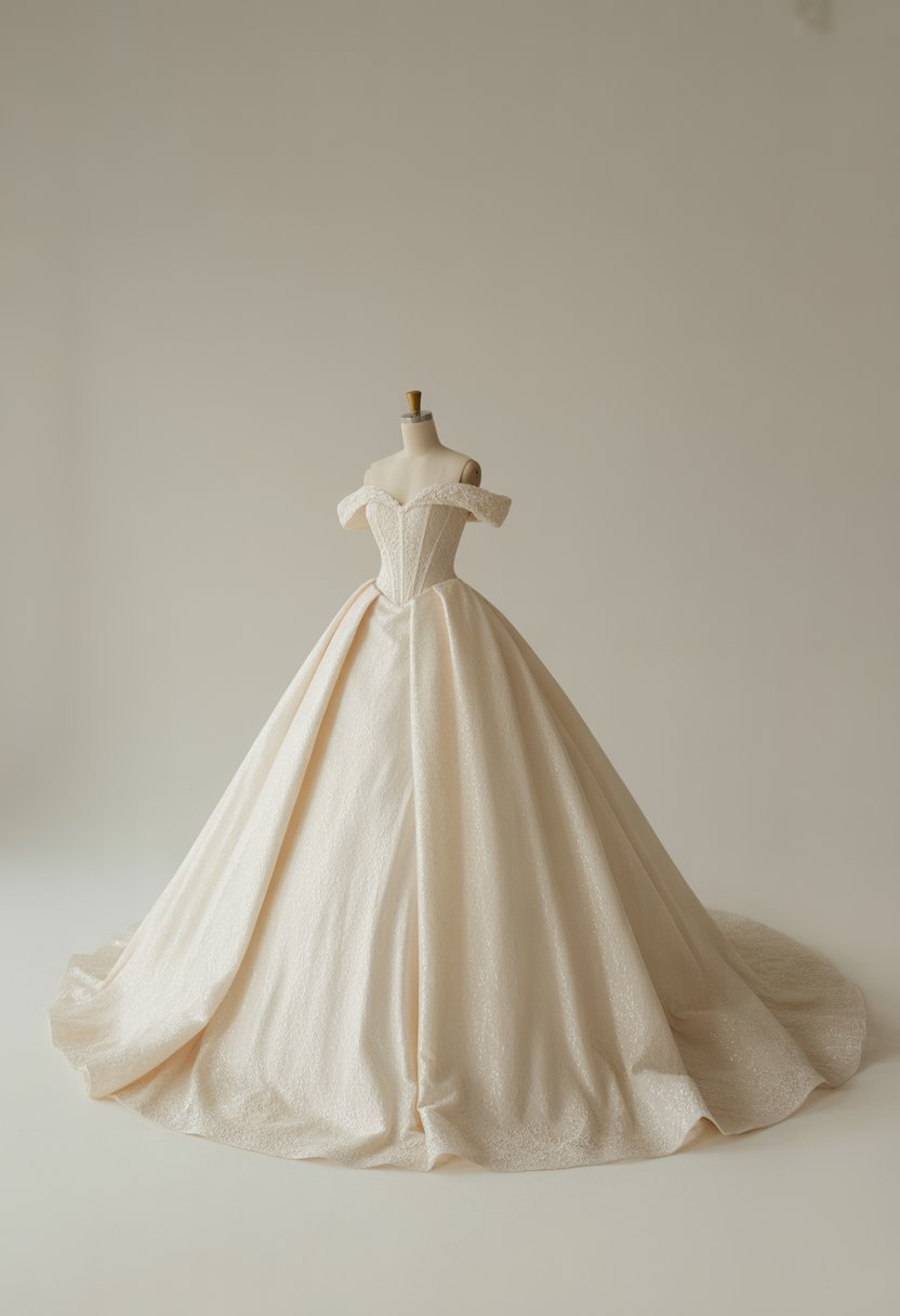 A princess wedding dress with a sweeping skirt displayed on a mannequin against a plain background.