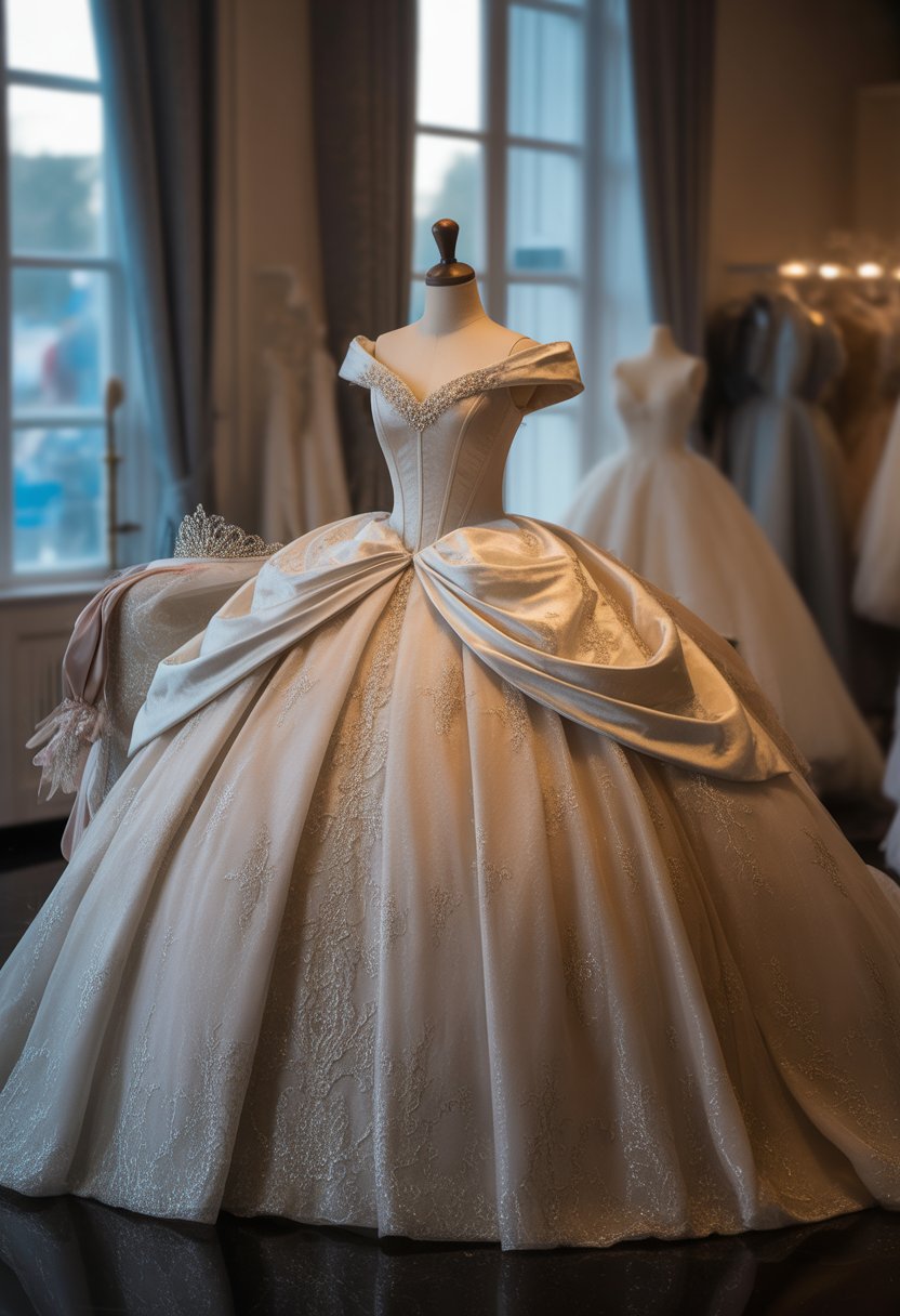 A luxurious princess wedding dress displayed on a mannequin in a bridal boutique with soft natural lighting.