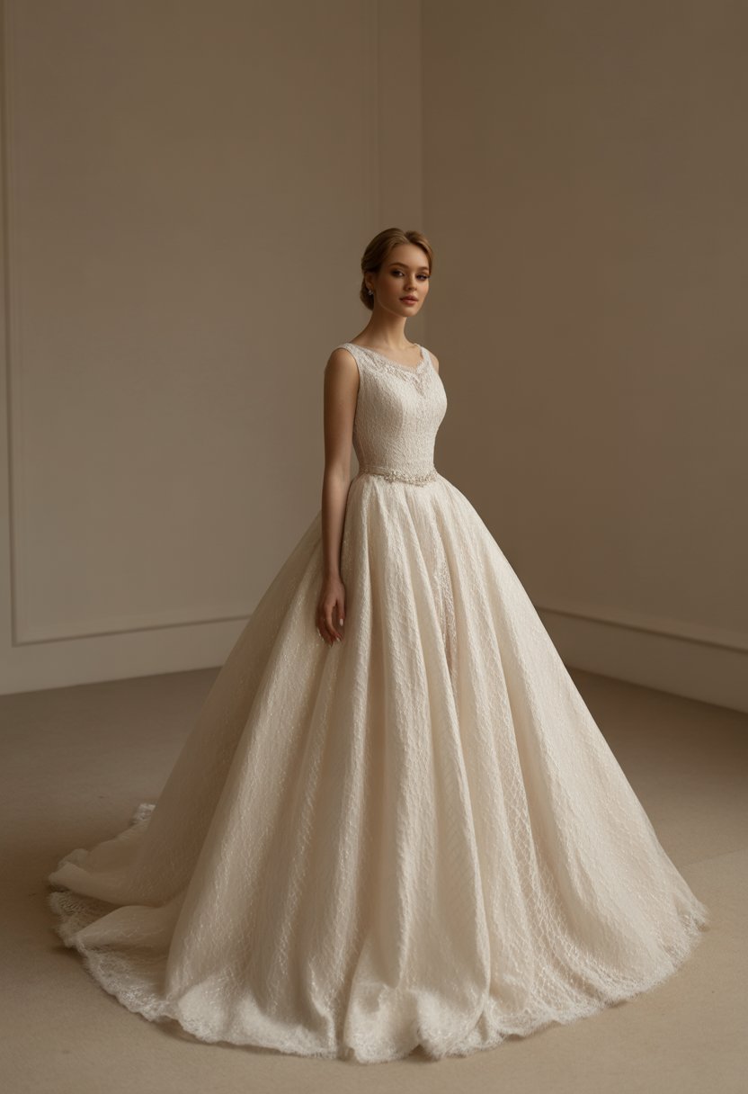 A bride standing indoors wearing a flowing princess wedding dress with lace details.