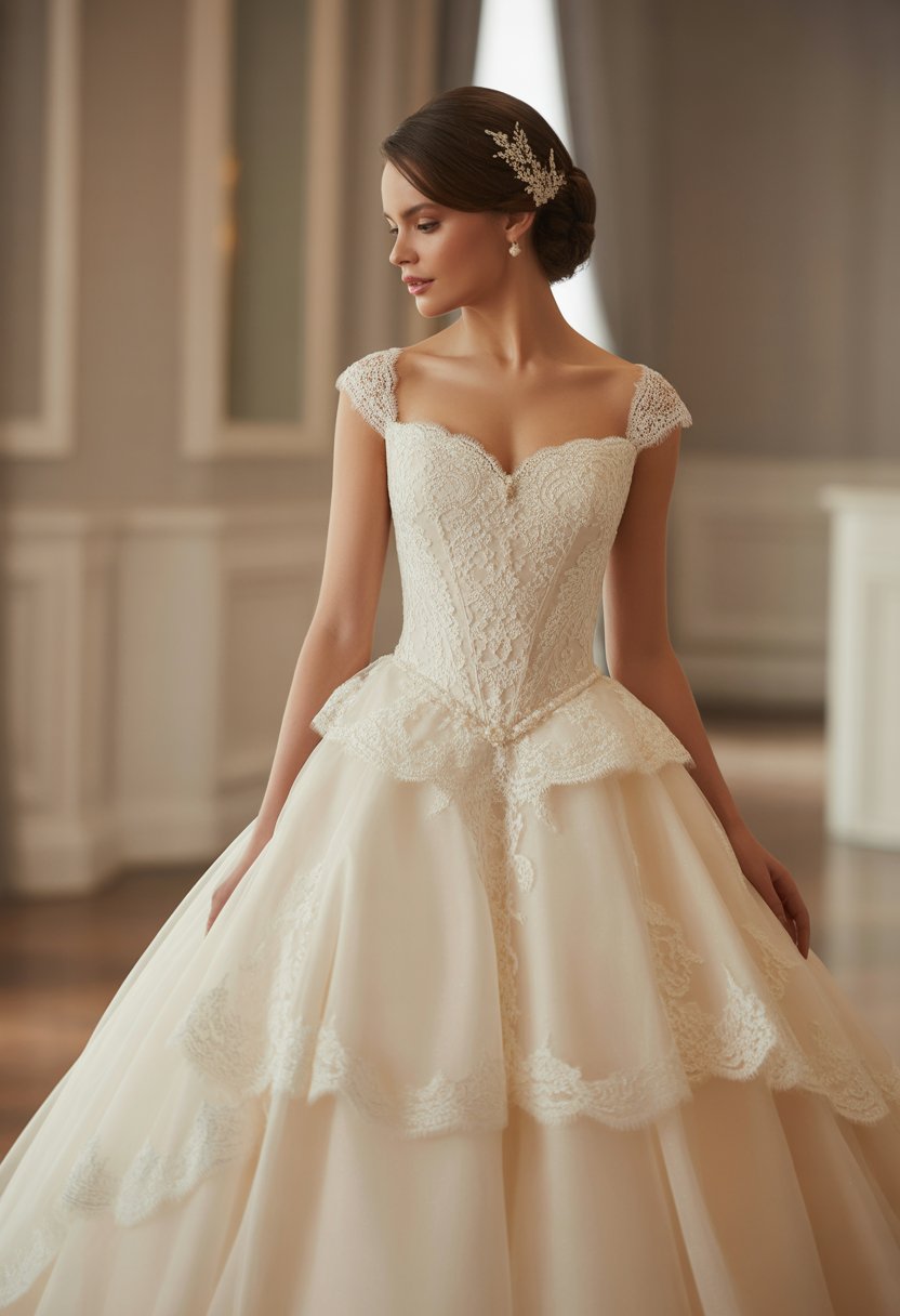 A bride wearing a princess wedding dress standing gracefully in an elegant setting.