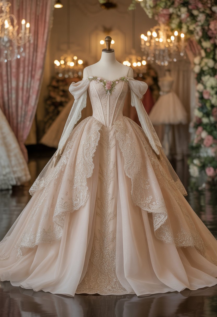 A princess wedding gown with intricate embroidery and flowing layers displayed on a mannequin in a softly lit bridal boutique.