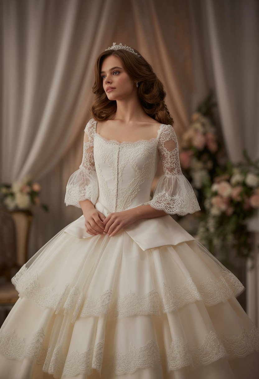 A bride wearing a white princess wedding dress standing indoors with floral decorations.