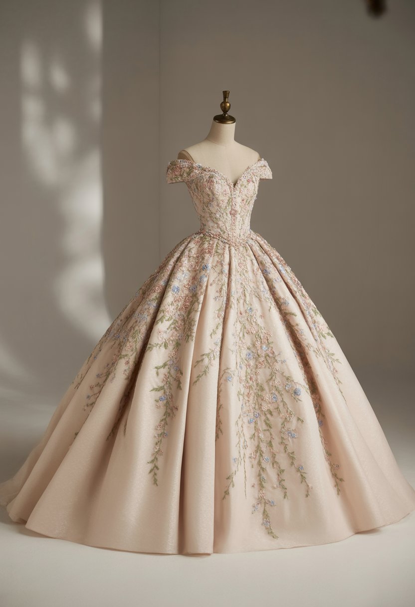 A ball gown wedding dress with floral embroidery displayed on a mannequin in a bright studio.