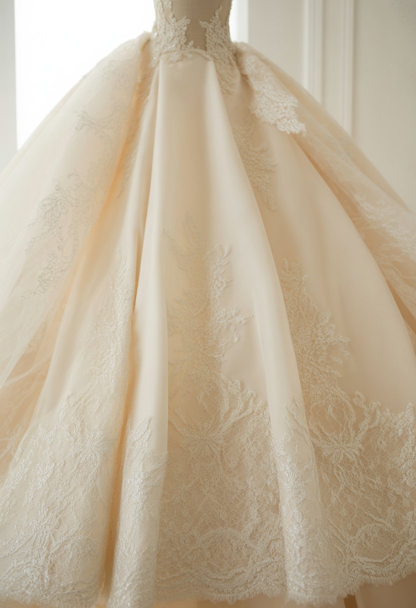A princess wedding dress with lace appliqué displayed on a mannequin in a bright studio.