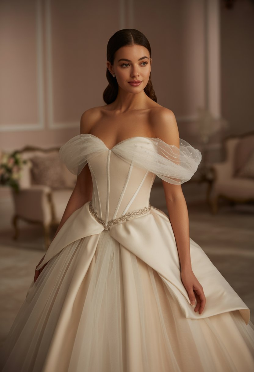 A woman wearing an off-the-shoulder princess wedding dress standing in a bridal studio.