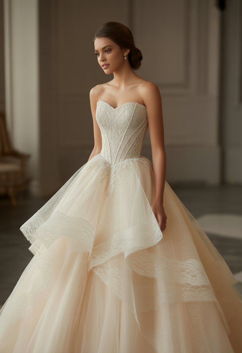 A bride wearing a strapless wedding gown with a full skirt, standing indoors in soft lighting.