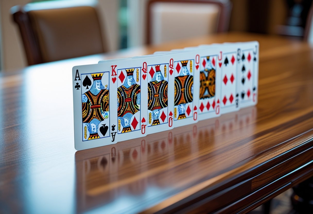 A set of playing cards arranged on a wooden table showing different poker hands from highest to lowest ranking.