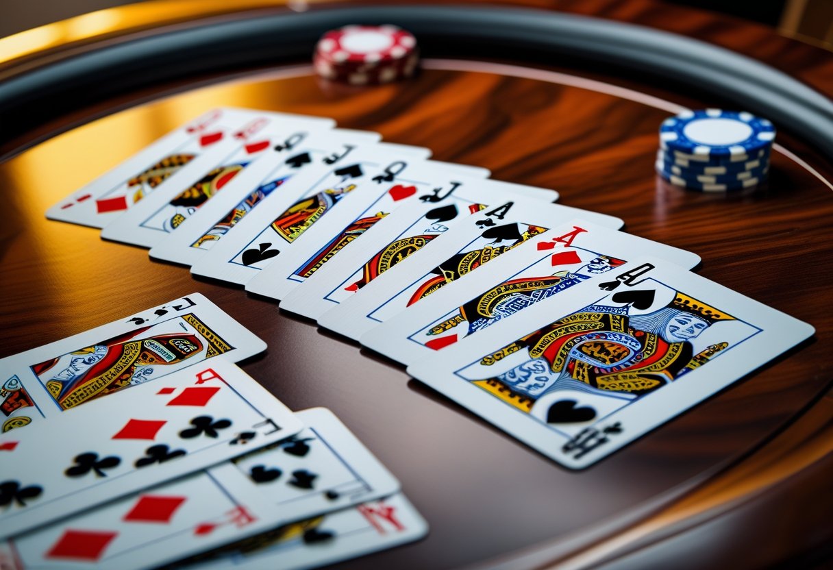 A set of poker cards arranged on a wooden table showing different poker hands in order, with poker chips nearby.