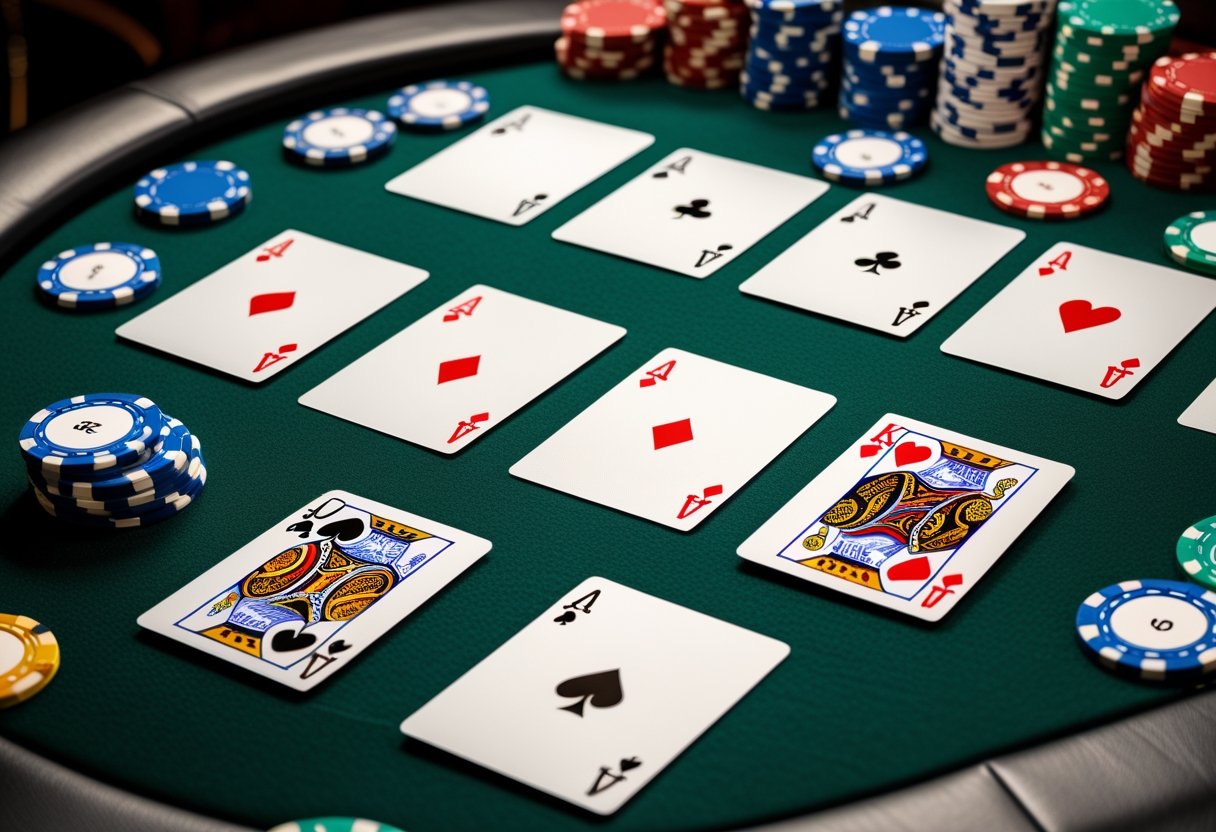 Close-up of poker cards and chips arranged on a green felt table showing various standard poker hand rankings.