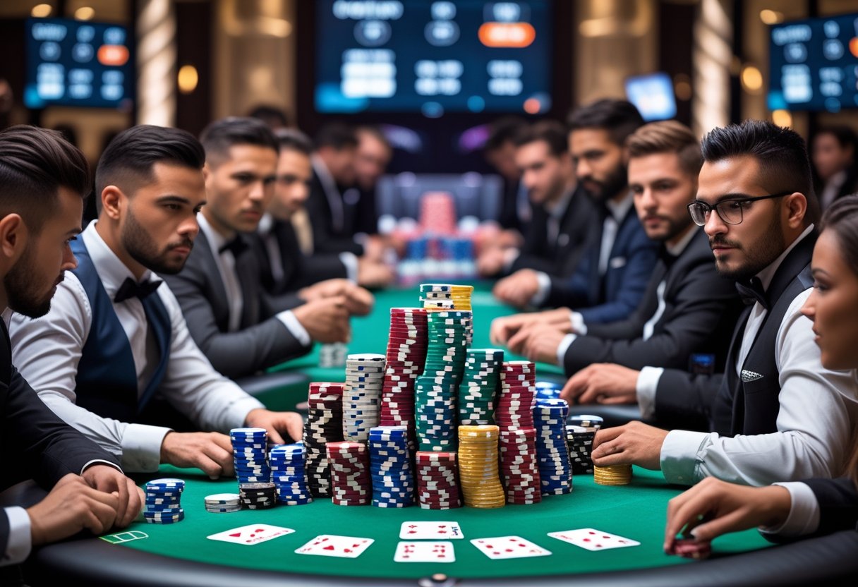 A group of players around a poker table with a large pile of poker chips in the center, focused on the game.