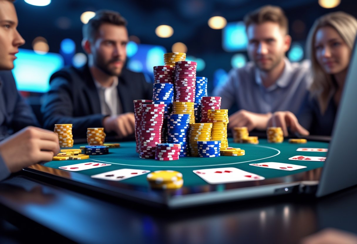 A computer screen showing an online poker table with a large stack of poker chips in the center and virtual player avatars around it.