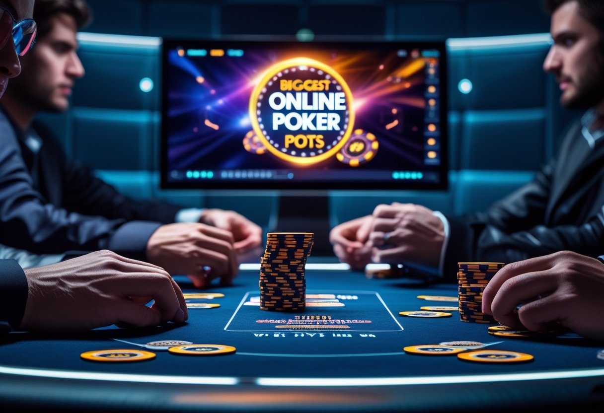 Close-up of hands playing online poker with large digital chip stacks and a computer screen showing a high-stakes poker game.