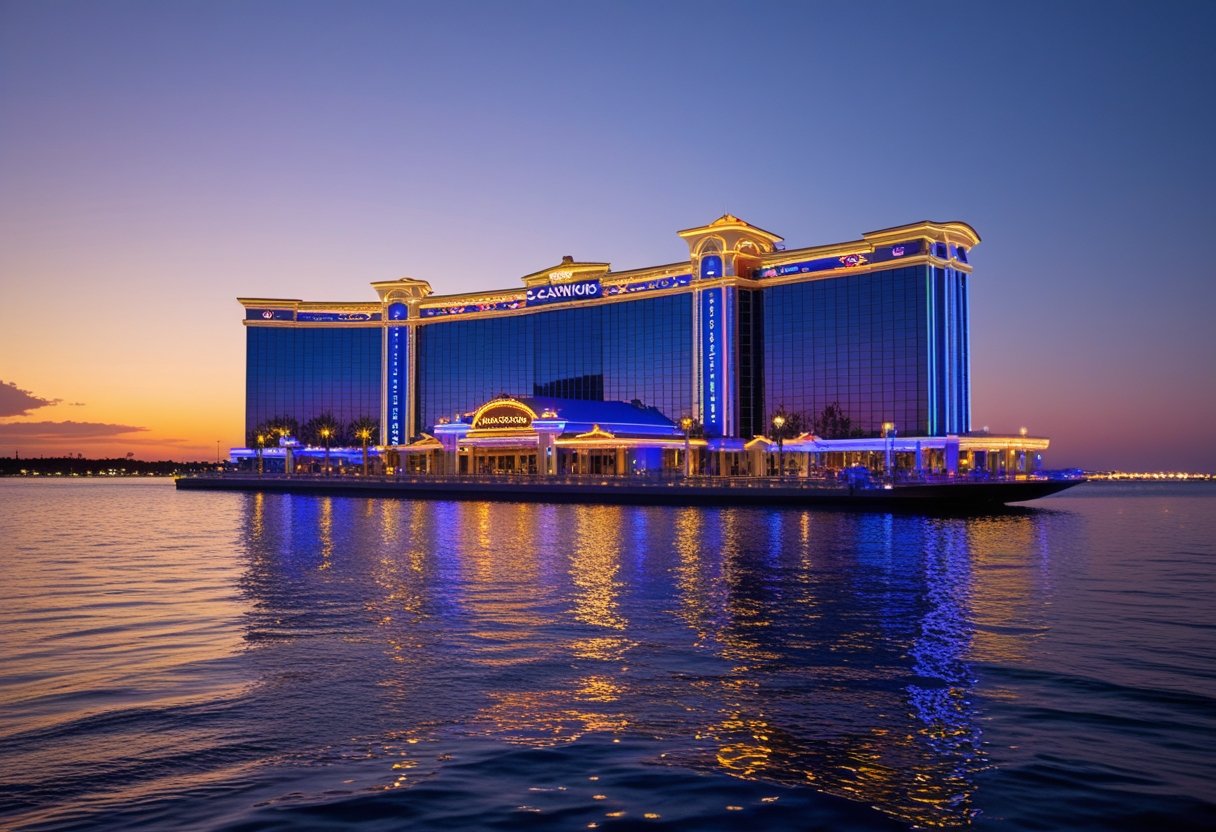 A large casino building floating on calm water at sunset with colorful lights reflecting on the water and a distant shoreline in the background.