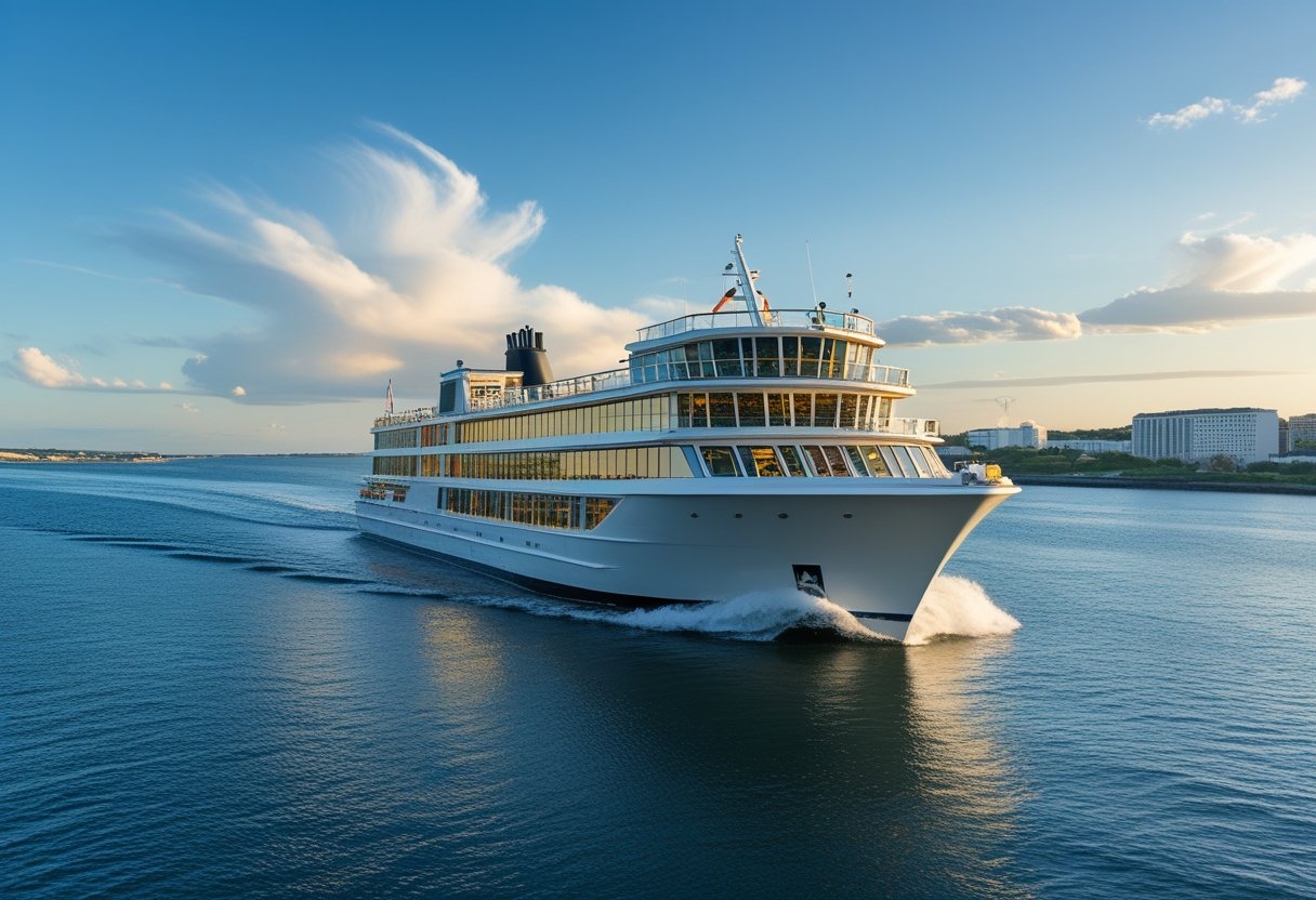 A large casino boat sailing on calm water near a coastline with clear skies and distant buildings in the background.