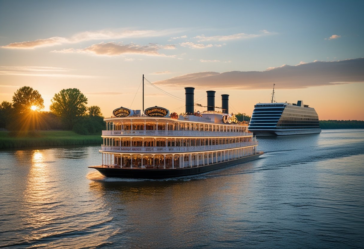 A riverboat casino on a calm river at sunset with a modern floating casino nearby and green trees along the shore.