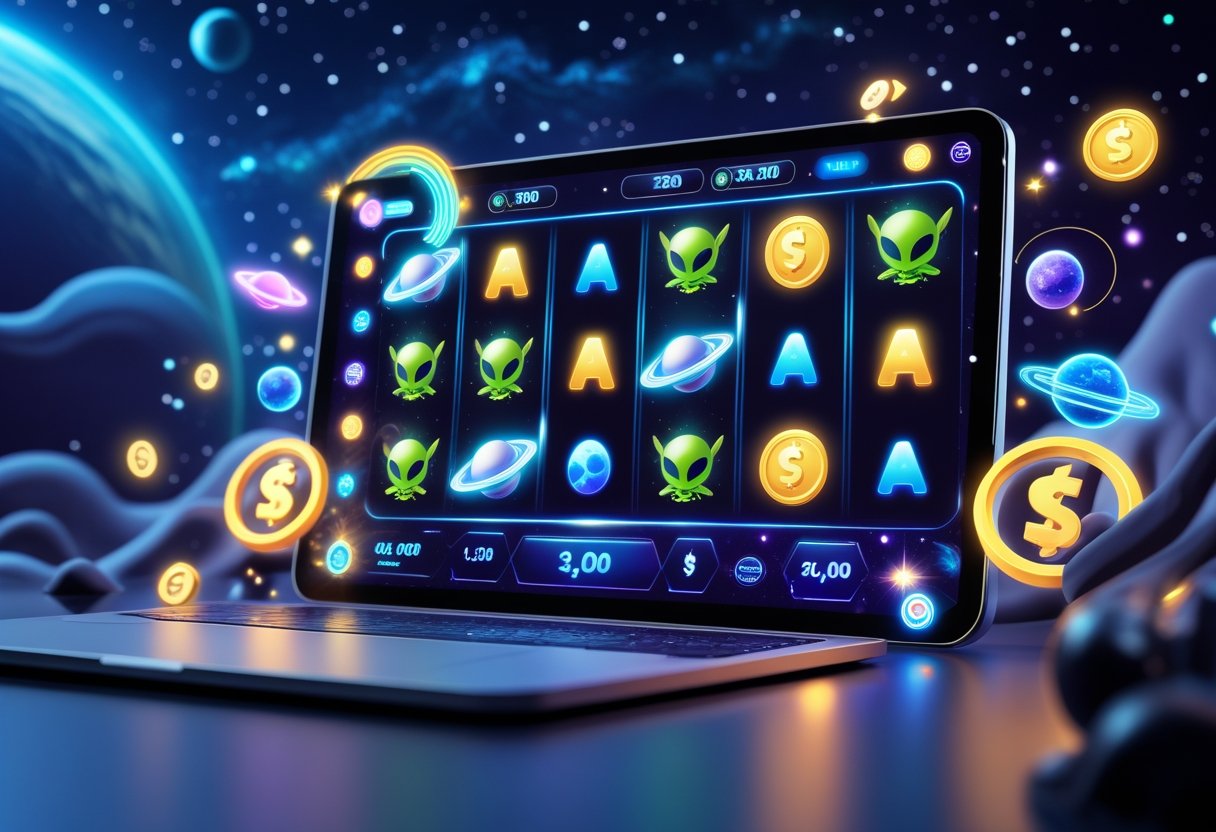 A computer screen showing colorful alien-themed slot machine reels with UFOs, planets, and stars, set against a starry space background.