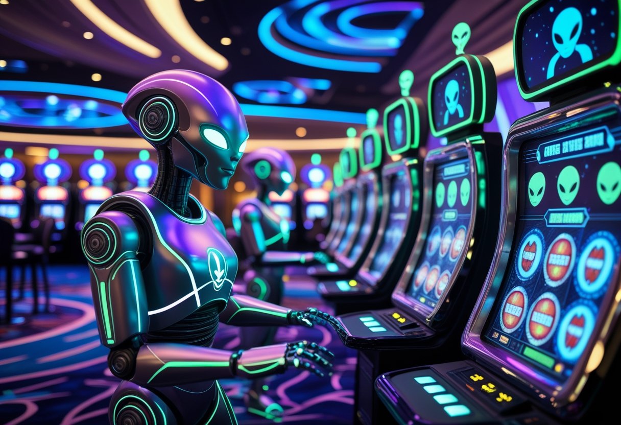 A futuristic casino scene with glowing alien robots interacting with advanced slot machines under dynamic lighting.
