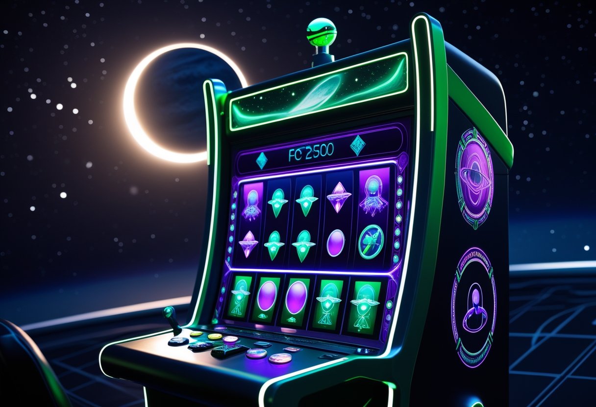 A futuristic alien-themed slot machine glowing with neon lights against a cosmic background featuring a planet partially eclipsed by a dark shadow.