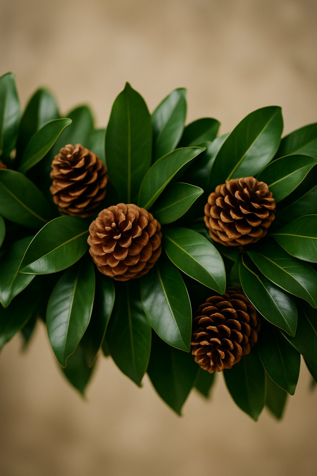 A close-up of a Christmas garland made of magnolia leaves and pinecones.