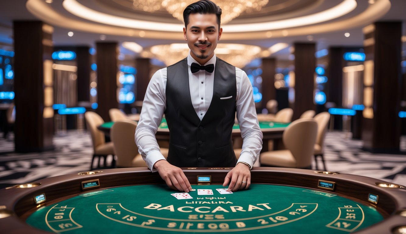 Seorang dealer profesional sedang membagikan kartu di meja baccarat premium dengan latar belakang suasana kasino mewah.
