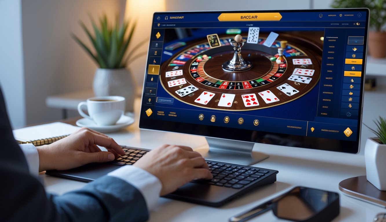 Seseorang sedang bermain baccarat online di laptop dengan tampilan permainan kartu dan chip di layar dalam suasana ruangan yang nyaman dan profesional.