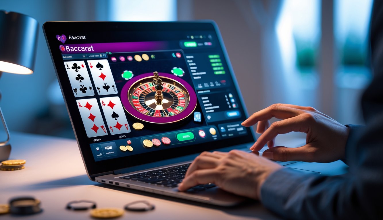 Seseorang bermain baccarat online di komputer dengan tampilan permainan yang jelas dan modern.