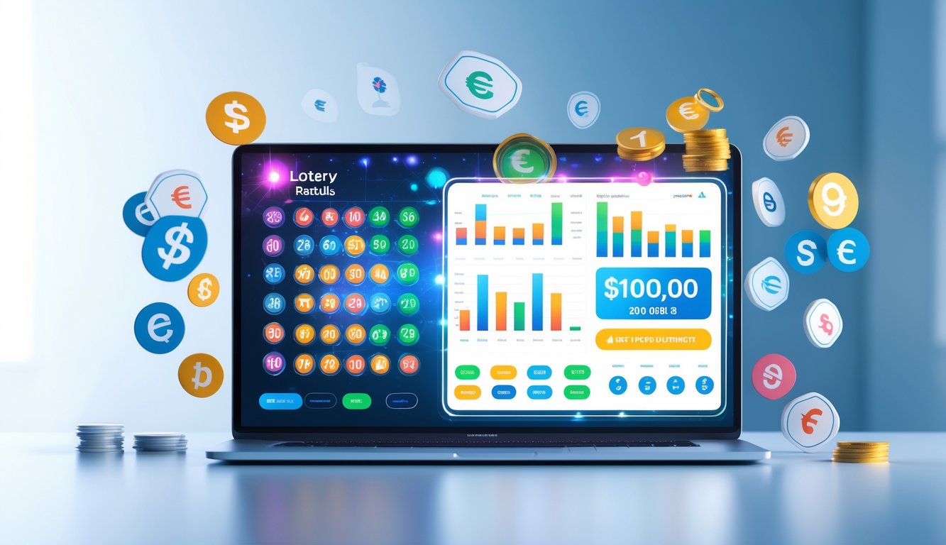 Layar perangkat modern menampilkan hasil togel real-time dengan grafik dan angka yang diperbarui, dikelilingi ikon pasar togel global.