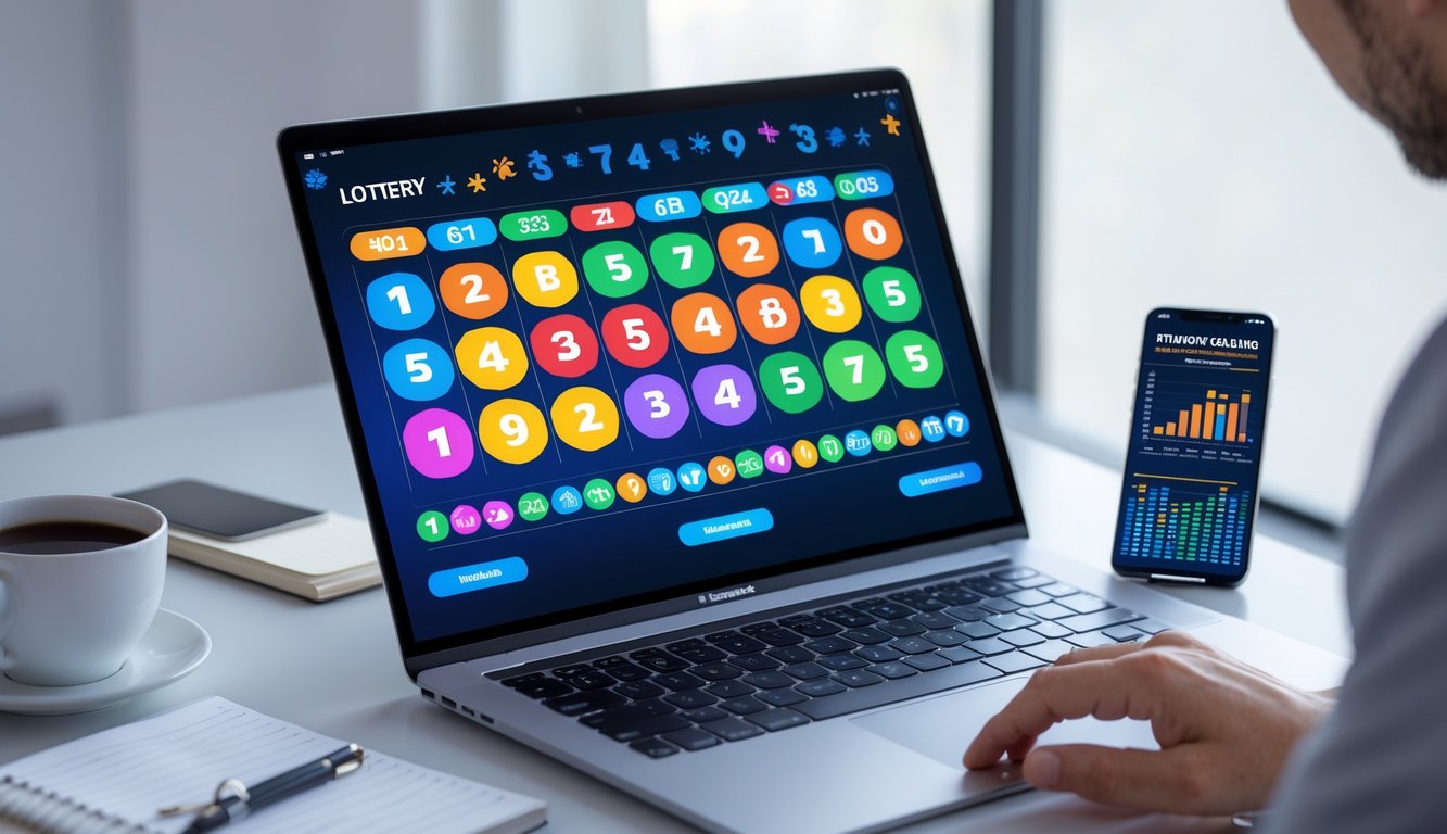 Seseorang sedang menggunakan komputer dengan tampilan angka dan grafik, mencatat di buku catatan, menunjukkan aktivitas analisis kombinasi angka togel online.