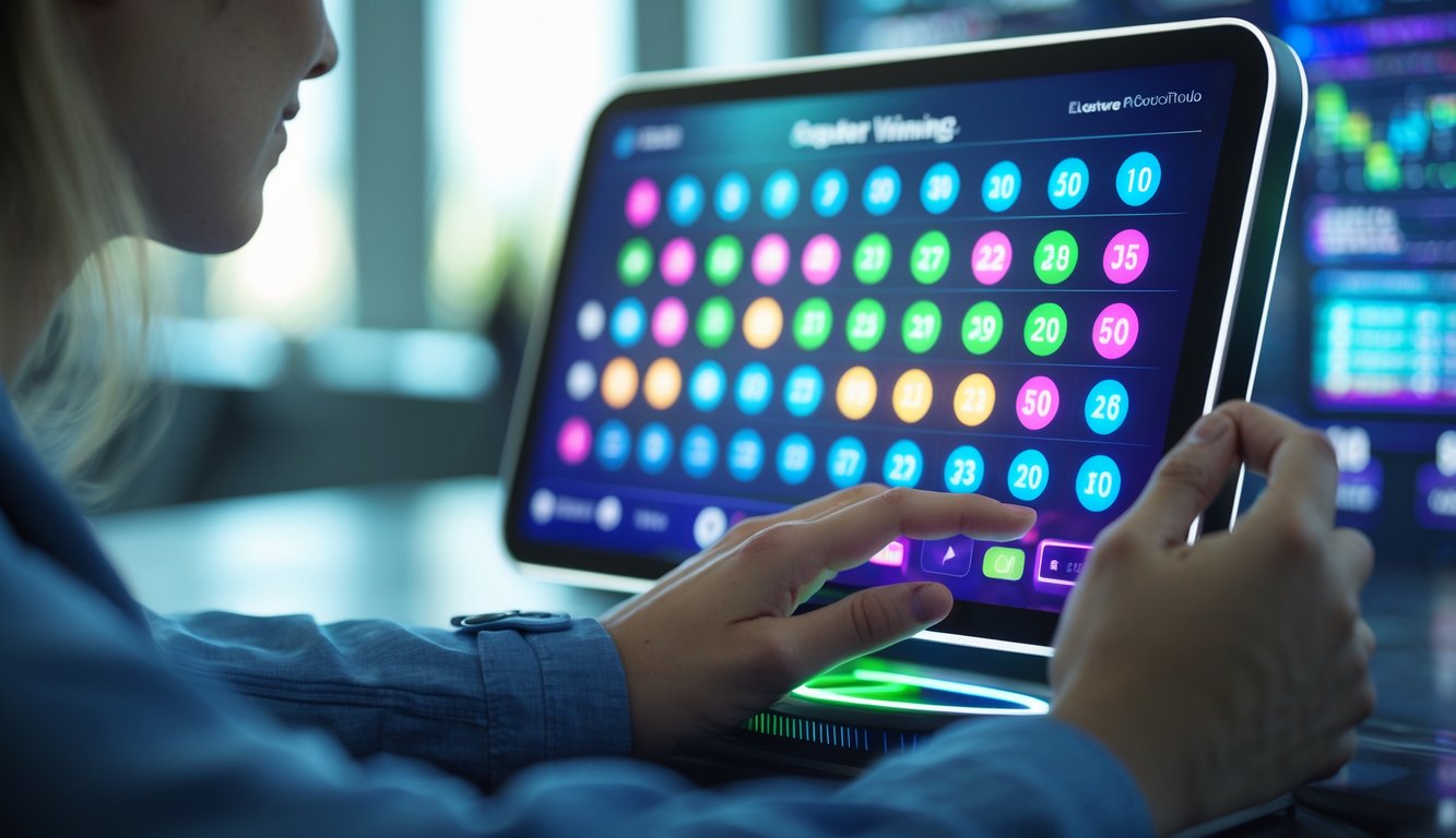 Tangan seseorang menggunakan perangkat layar sentuh dengan angka warna-warni yang berkilau, di latar belakang suasana kantor modern dengan elemen digital.