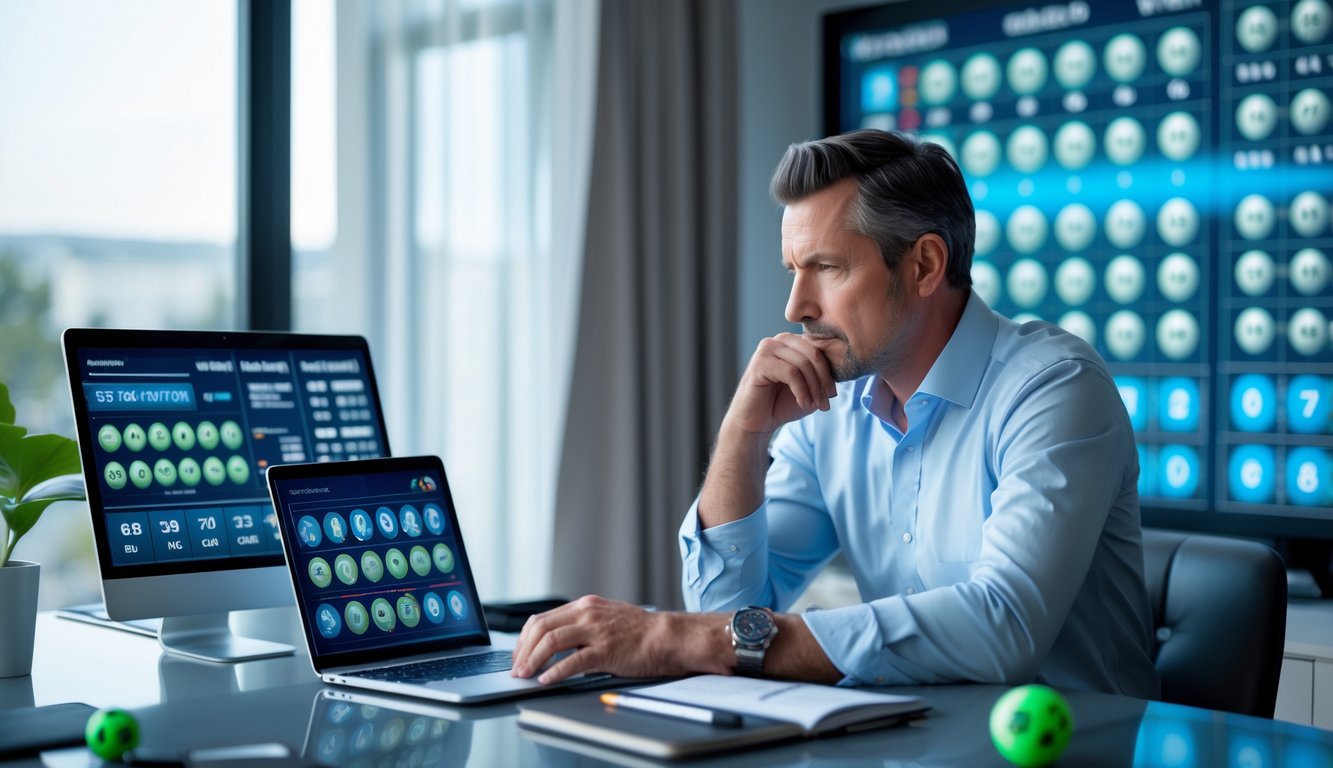 Seorang pria dewasa serius duduk di meja modern dengan beberapa perangkat digital yang menampilkan pola dan angka lotere, sedang menganalisis data dengan fokus di ruang kerja yang terang.