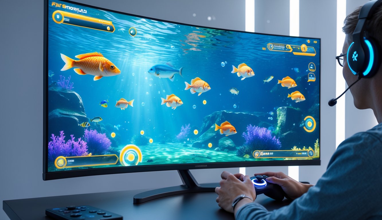 Layar komputer menampilkan permainan menembak ikan dengan grafik warna-warni di lingkungan modern, tangan pemain sedang menggunakan pengontrol game.