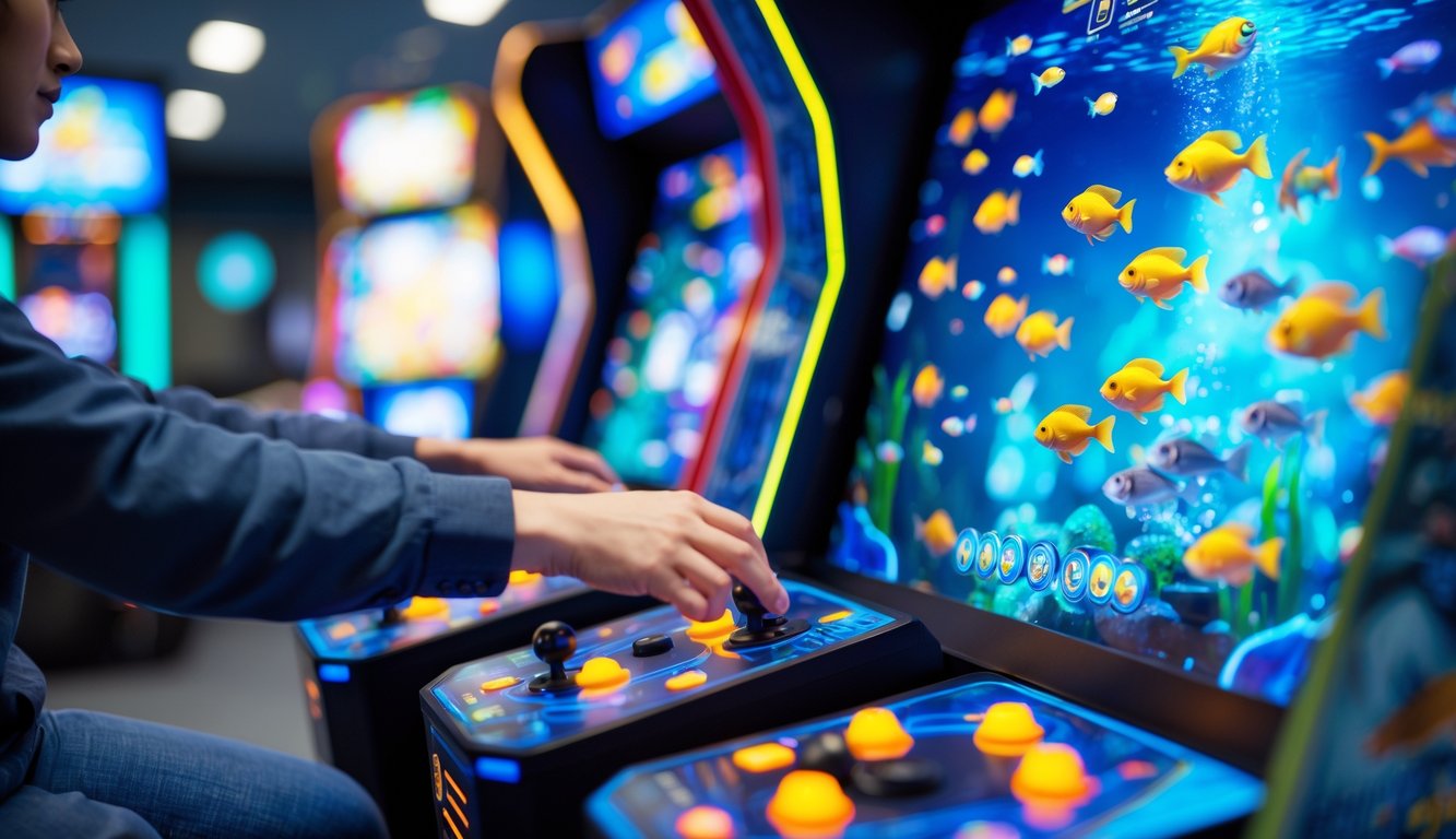 Seorang pemain sedang bermain permainan tembak ikan di pusat permainan modern dengan layar penuh warna dan berbagai ikan bergerak.
