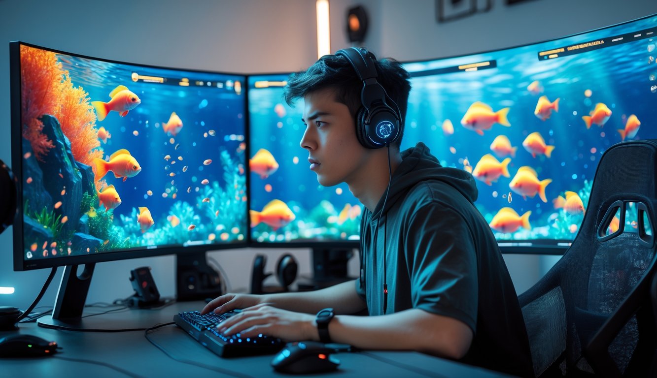 Seorang pemain muda sedang fokus bermain game tembak ikan di komputer dengan layar menampilkan ikan-ikan berwarna-warni di bawah laut.