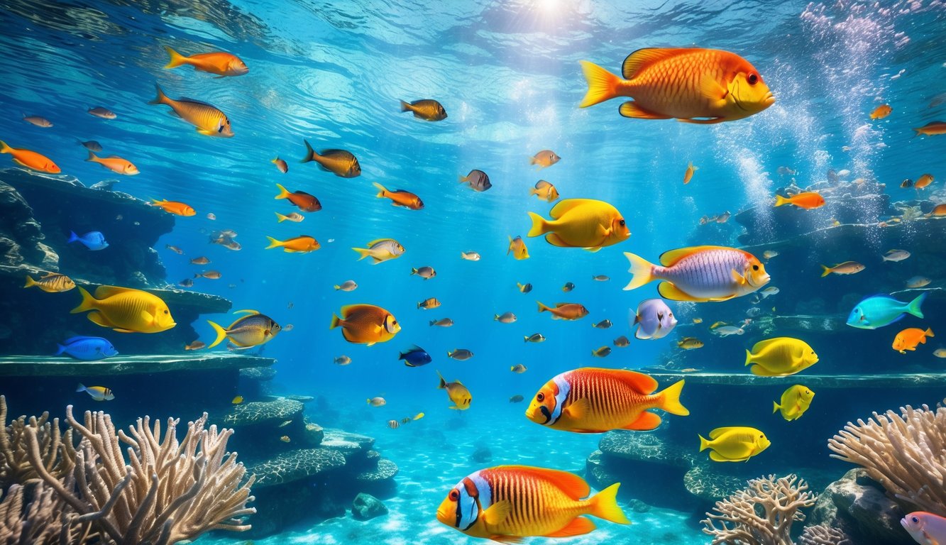 Pemandangan bawah laut dengan berbagai ikan berwarna-warni berenang di sekitar terumbu karang yang indah.