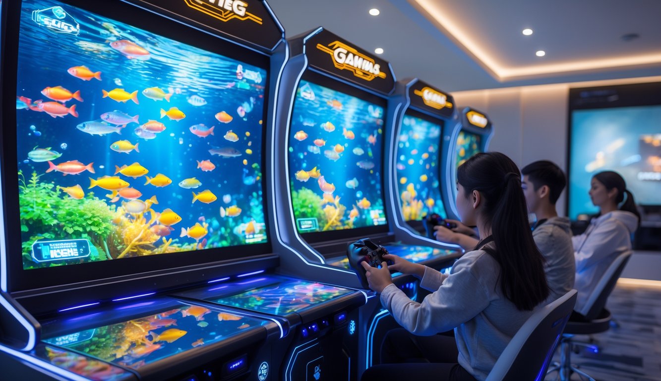 Orang-orang bermain permainan tembak ikan modern di arcade dengan layar digital berwarna-warni dan lampu LED di ruang permainan yang futuristik.