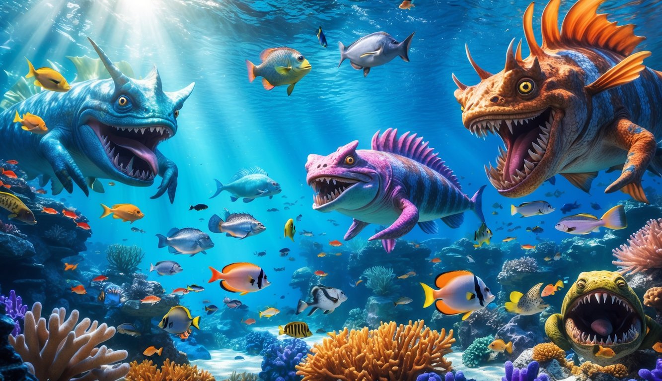 Pemandangan bawah laut dengan berbagai monster laut dan ikan warna-warni di antara terumbu karang.