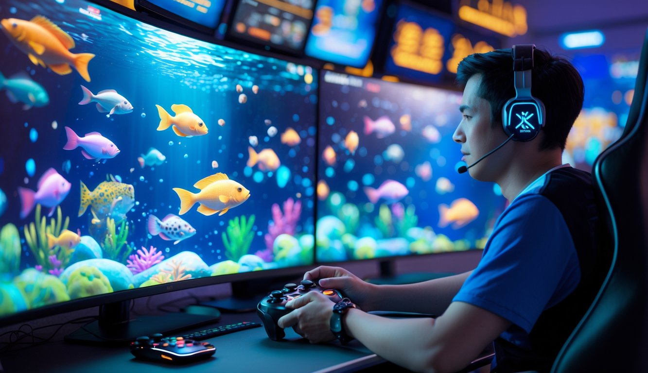 Seorang pria dewasa sedang fokus bermain permainan tembak ikan di layar besar dengan grafik bawah laut yang berwarna-warni di sebuah ruangan permainan modern.