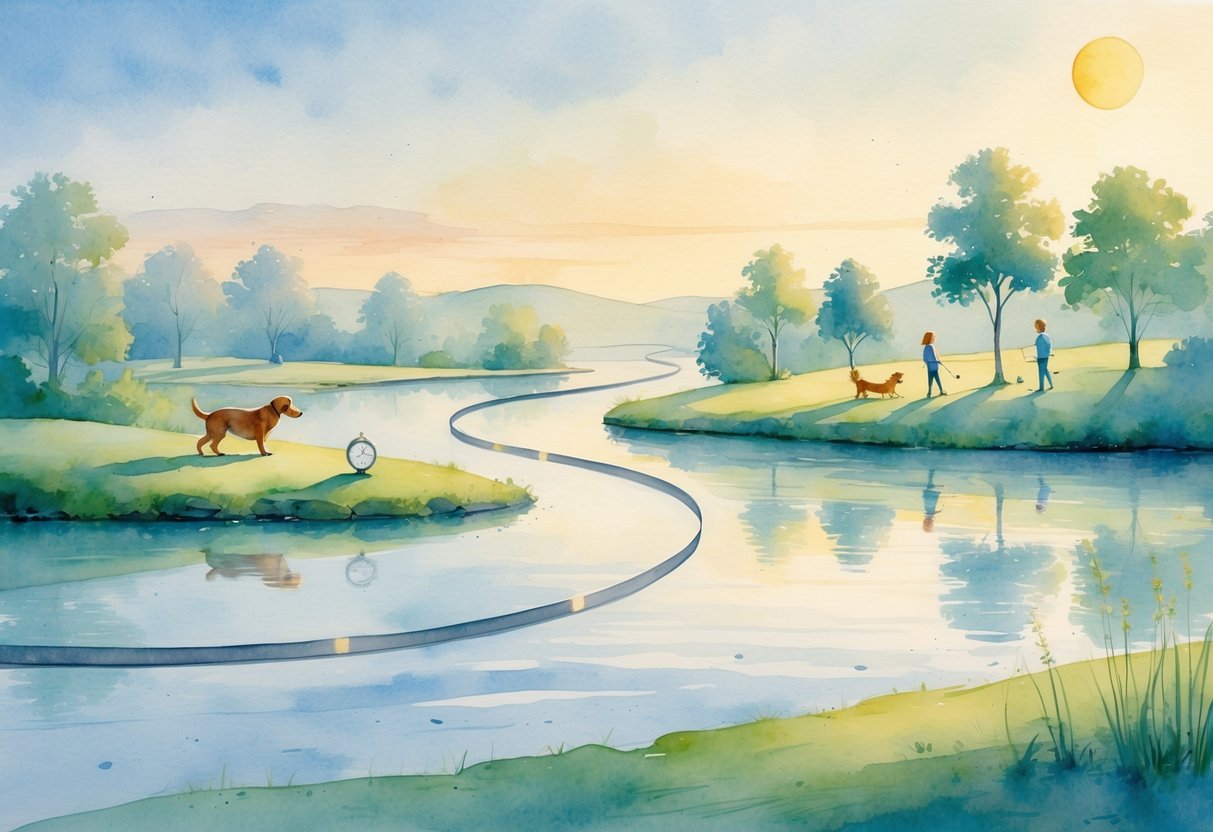 Pejzaž s vijugavom lentom koja prikazuje protok vremena kroz svakodnevne aktivnosti poput šetnje psa, čitanja i rada, uz sunce i drveće u pozadini.