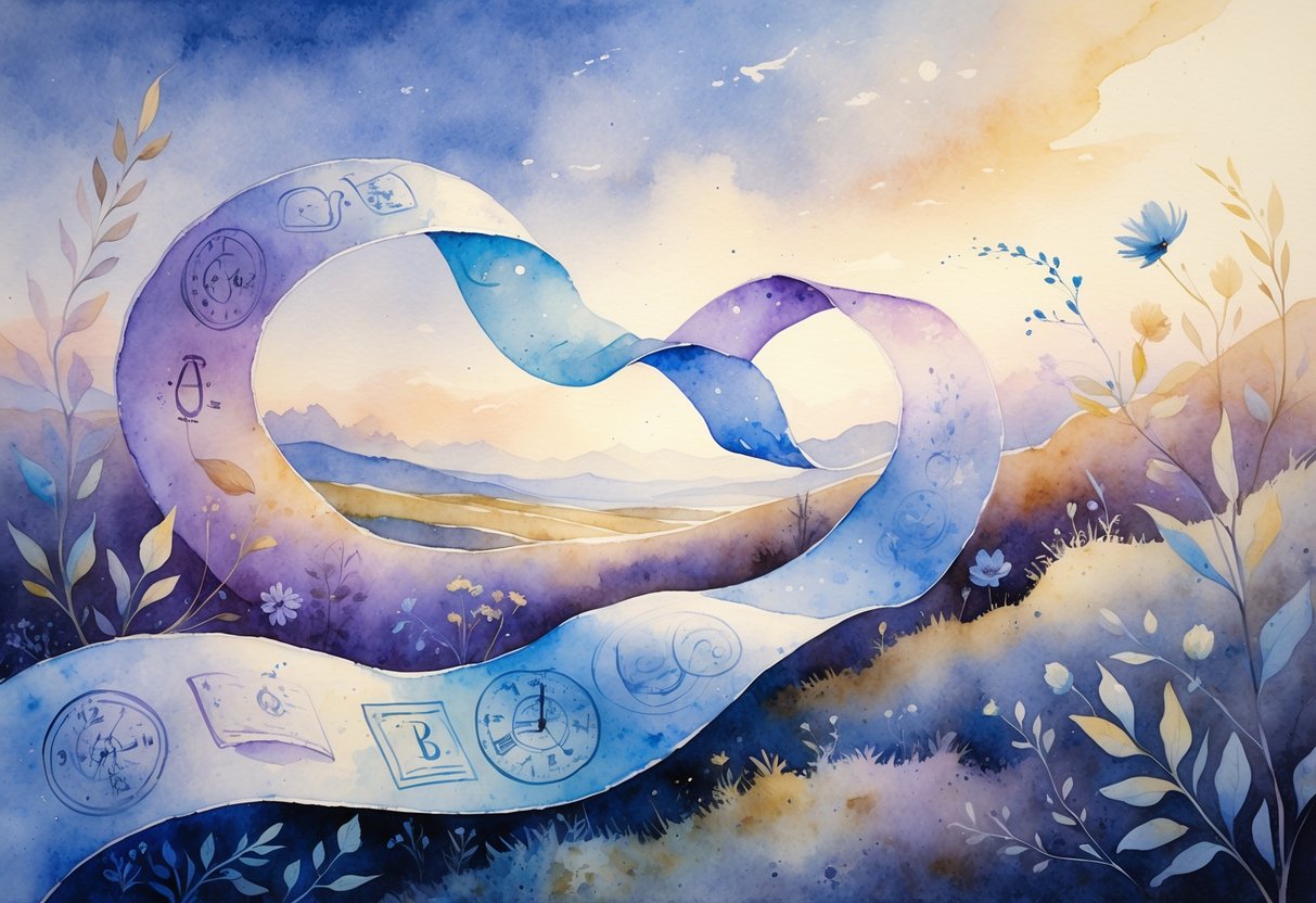 Zavojita traka koja se nježno proteže kroz krajolik s prirodnim i kulturnim elementima, simbolizirajući protok vremena.