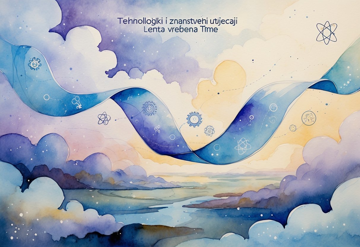 Apstraktni prizor s vijugavom trakom koja simbolizira protok vremena, okružena suptilnim znakovima tehnologije i znanosti u snježnim bojama.