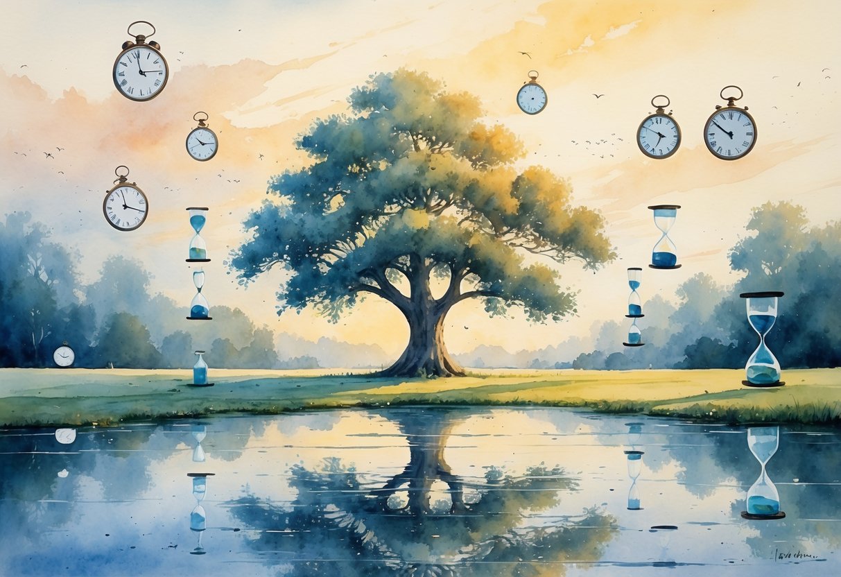 Mirna prirodna scena s velikim starim drvećem i plutajućim satovima iznad jezera u zalasku sunca.